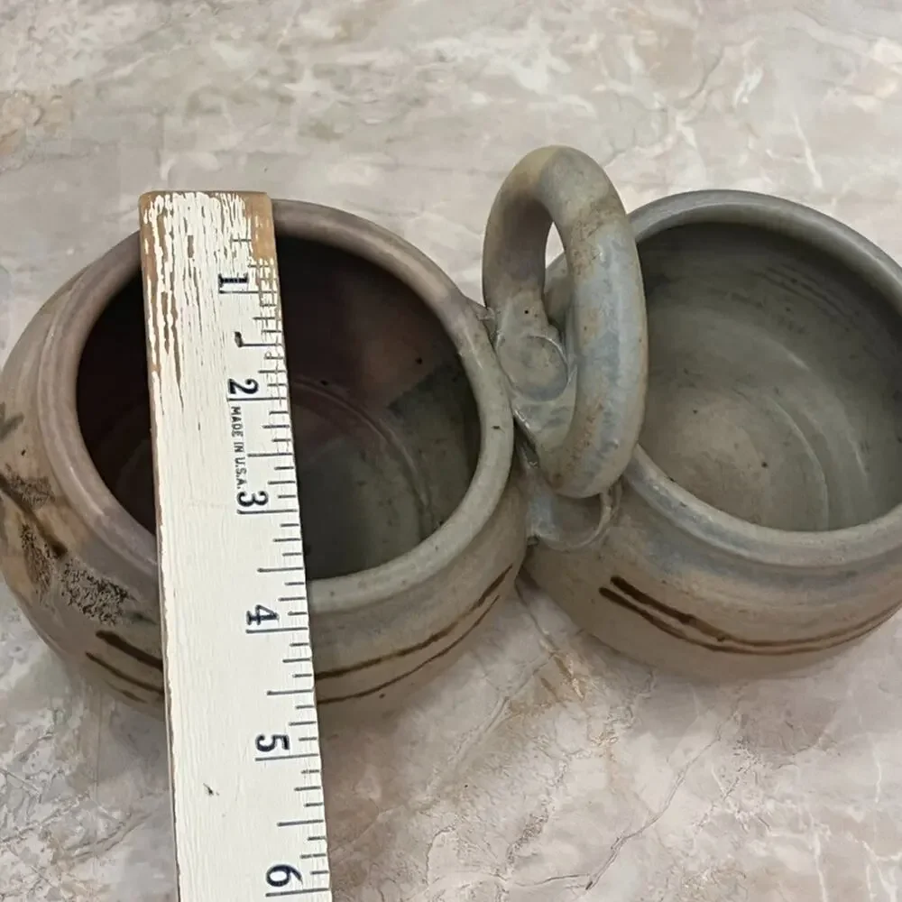 Studio Art Pottery Two Bowl Condiment Dish With Handle Stoneware Muted Colors